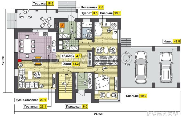 Проект дома с навесом для автомобилей, кухней с выходом на крытую террасу, двумя спальнями на первом этаже, вторым светом / План 1 этажа