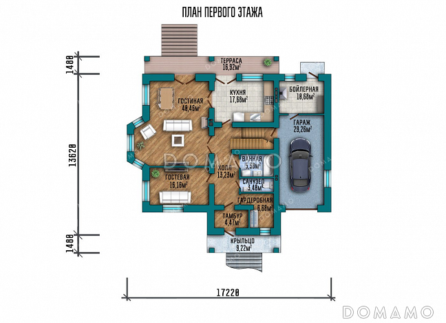 Проект дома с террасой, балконом и гаражом / План 1 этажа