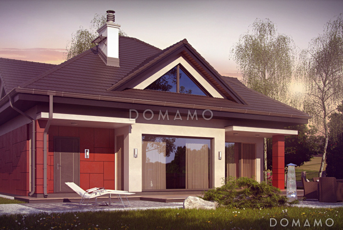 Проект одноэтажного мансардного коттеджа из газобетона с большой площадью остекления в гостиной, кабинетом и гаражом