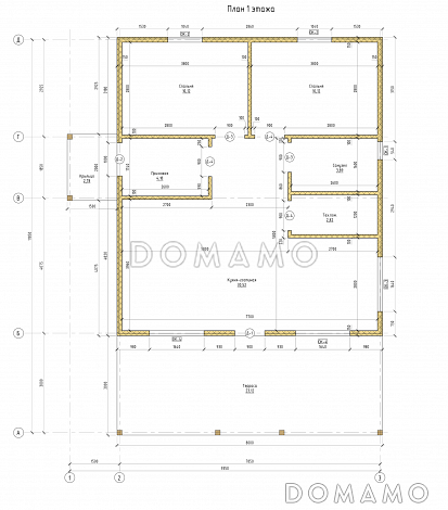 Проект одноэтажного каркасного дома с двумя спальнями и террасой / План 1 этажа