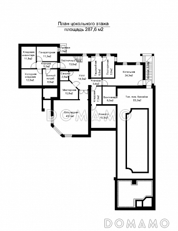 Проект двухэтажного дома с подвалом и пристроенным небольшим бассейном / План цокольного этажа