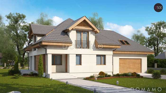 Проект одноэтажного мансардного дома из газобетона с кабинетом, гаражом на два автомобиля и комнатой над гаражом