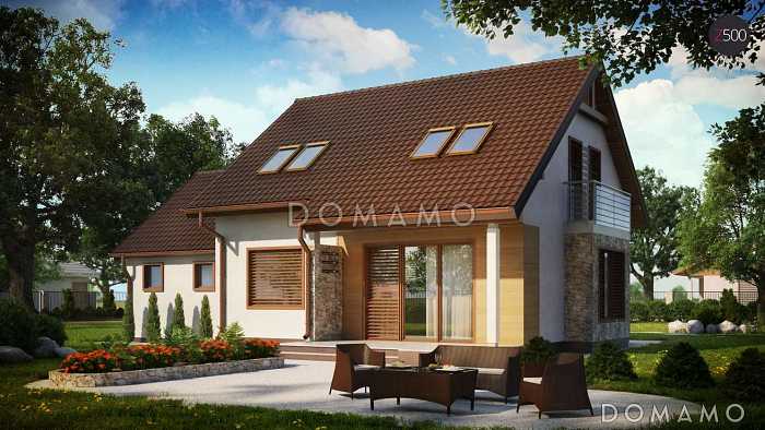 Проект одноэтажного дома из кирпича с жилым мансардным этажом и гаражом