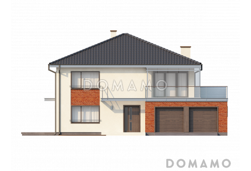 Проект просторного современного двухэтажного дома из газобетона, с пятью комнатами, гаражом и застеклённой террасой над ним / Фасад 1