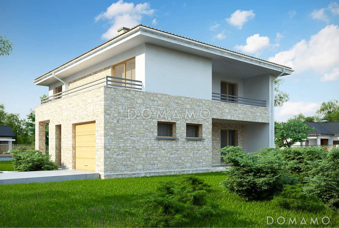 Проект современного двухэтажного дома из газобетона, с пятью комнатами, гаражом и террасами на обоих уровнях