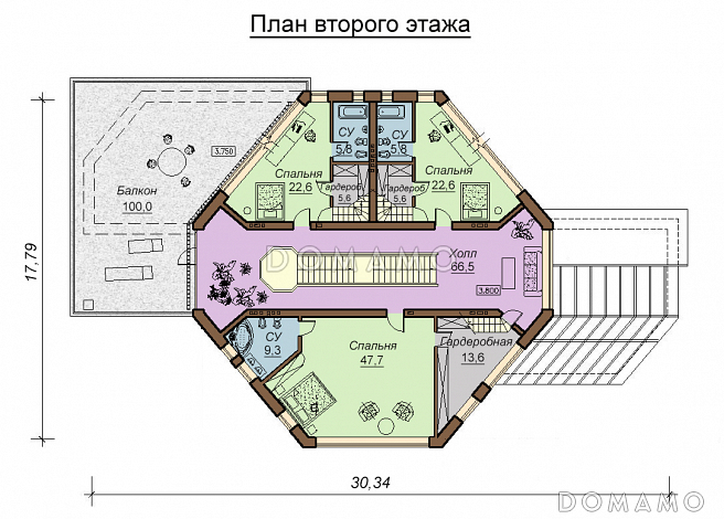Проект двухэтажного дома с цокольным этажом, гаражом и бассейном / План 2 этажа