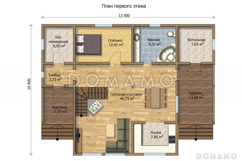Проект дома с двумя просторными входами с террасами / План 1 этажа