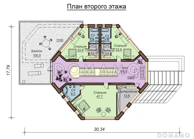 Проект двухэтажного дома с цокольным этажом, гаражом и бассейном / План 2 этажа