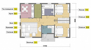 Проект одноэтажного каркасного дома с камином / План 1 этажа
