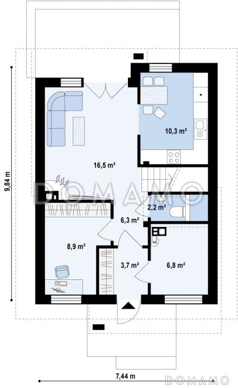 Проект компактного одноэтажного мансардного дома из кирпича с двумя балконами и тремя спальнями / План 1 этажа