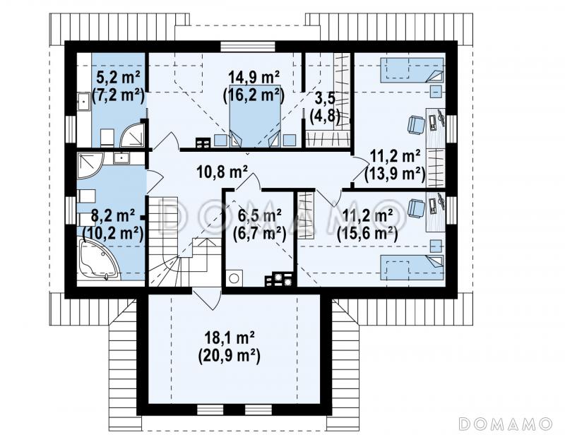 Проект современного одноэтажного мансардного дома из кирпича с кабинетом и гаражом / План мансардного этажа