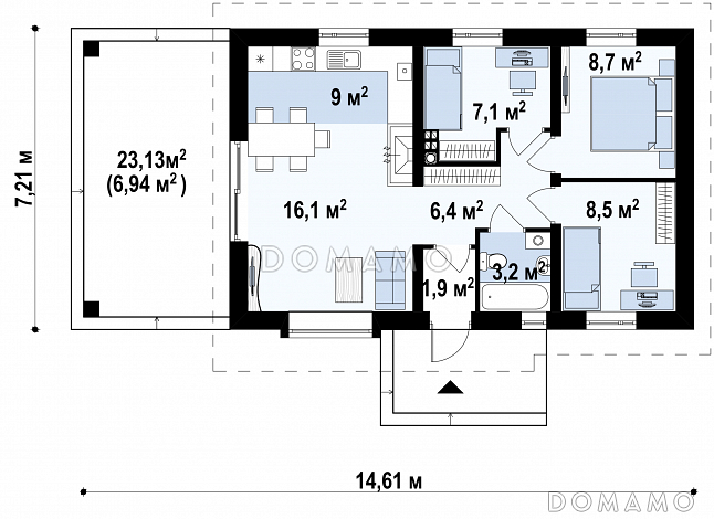 Проект компактного одноэтажного дома из кирпича с тремя спальнями, с высоким остеклением в гостиной / План 1 этажа