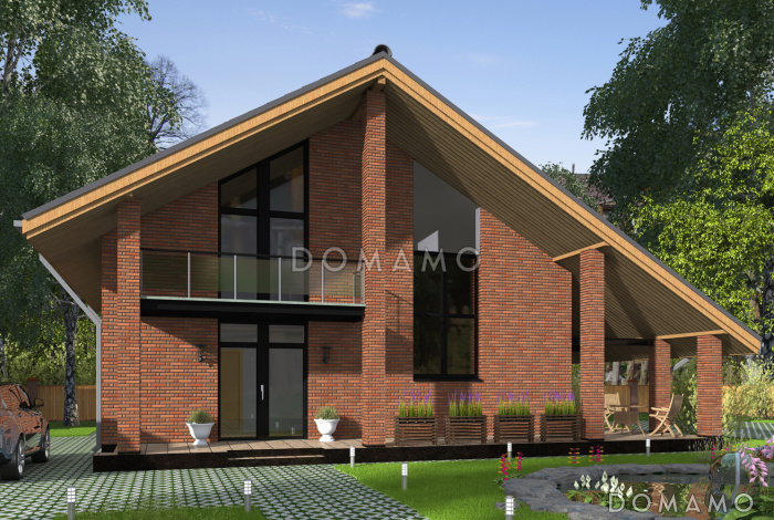 Проект дома с крытой террасой, спальней на первом этаже, балконом, вторым светом