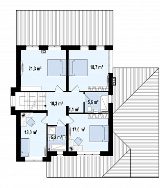 Проект современного двухэтажного дома из газобетона с пятью комнатами, гаражом и крытой террасой / План 2 этажа