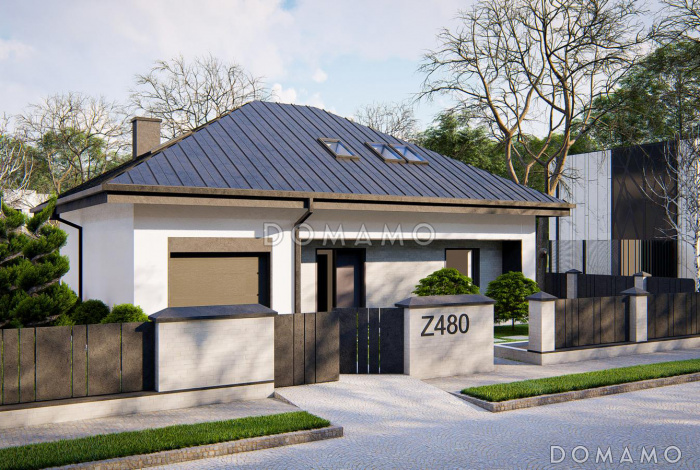 Проект загородного дома с мансардой, гаражом на одну машину, кладовой на кухне