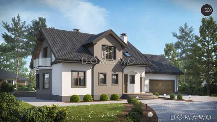 Проект одноэтажного мансардного дома из газобетона с кабинетом, эркером, балконом над ним и гаражом на два автомобиля