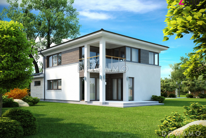 Проект современного двухэтажного дома из газобетона с четырьмя комнатами, гаражом, террасой и балконом