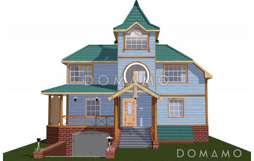 Проект коттеджа с башенкой и гаражом / Фасад 1