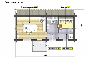 Проект бани с парной, душевой и комнатой отдыха / План 1 этажа