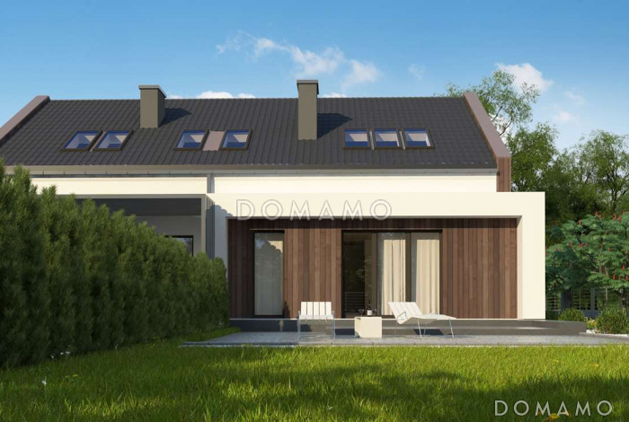 Проект комфортного одноэтажного мансардного дома из кирпича для двух семей