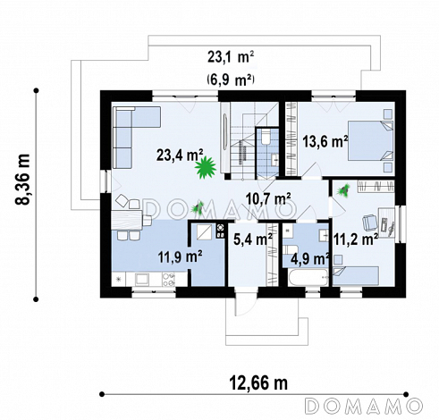 Проект загородного дома с большим чердаком, кладовой на кухне, двумя спальнями / План 1 этажа