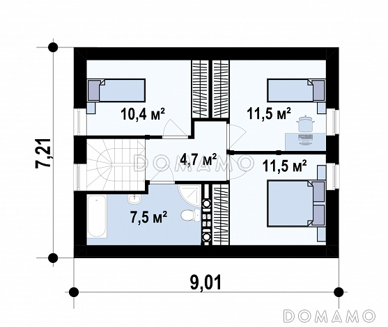 Проект дома с террасой, санузлом с окном, спальней на первом этаже / План мансардного этажа