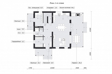 Проект дома с просторной дневной зоной, барбекю на террасе и тремя спальнями на мансарде / План 1 этажа