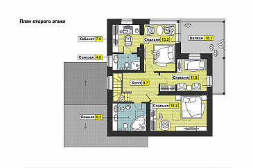 Проект дома с гаражом на одну машину, большой террасой, кабинетом / План мансардного этажа