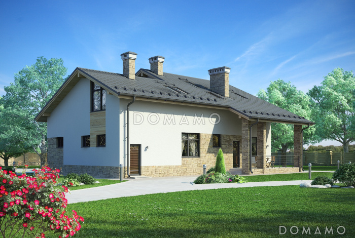 Частный дом с крытой террасой, гаражом на 1 машину, спальней на первом этаже, гостиной на первом и мансардном этаже