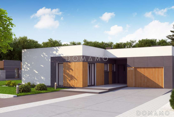 Проект современного одноэтажного дома из газобетона с плоской крышей, с четырьмя комнатами и одноместным гаражом 