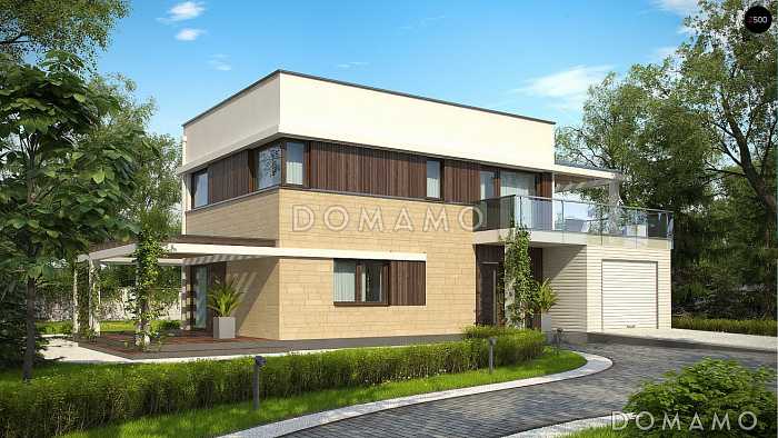 Проект двухэтажного дома из кирпича с четырьмя комнатами, с гаражом и террасой над ним