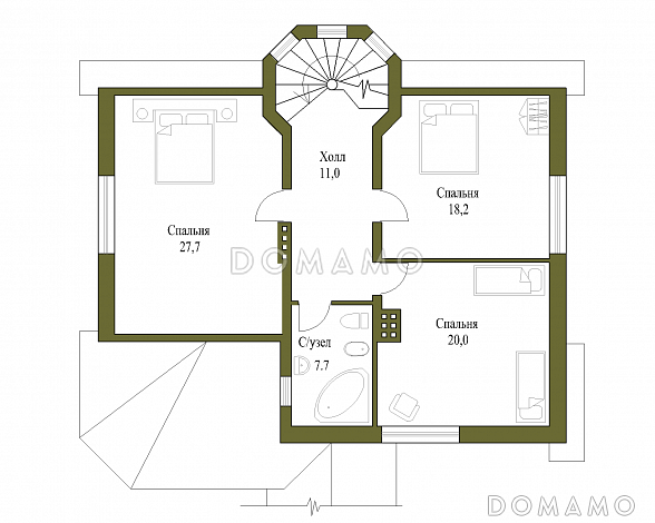 Проект двухэтажного коттеджа с остеклённой верандой / План мансардного этажа