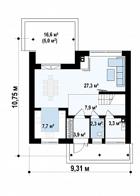 Проект небольшого одноэтажного мансардного дома из газобетона с тремя спальнями и крытой террасой  / План 1 этажа