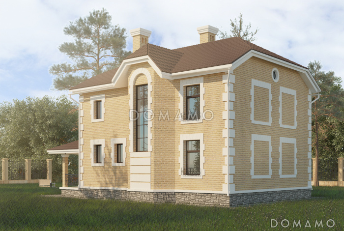 Проект двухэтажного дома с четырьмя спальнями и просторной крытой террасой