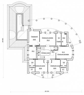 Проект коттеджа с бассейном и стеклянным куполом / План 2 этажа