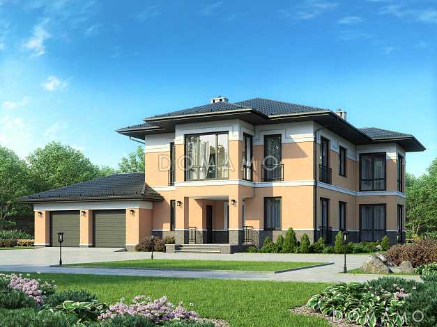 Проект двухэтажного дома с вместительным гаражом для двух авто