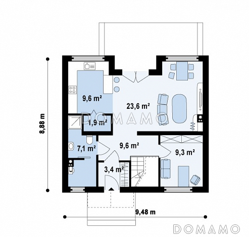 Проект одноэтажного мансардного дома из газобетона с кабинетом и балконом / План 1 этажа