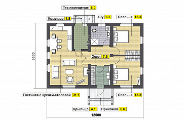 Проект дома по технологии ЛСТК с двумя спальнями, гостиной с кухней-столовой, техническим помещением, небольшим холлом и санузлом / План 1 этажа