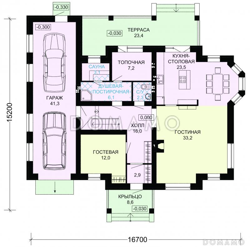 Проект дома с гаражом на две машины и кабинетом на мансардном этаже / План 1 этажа