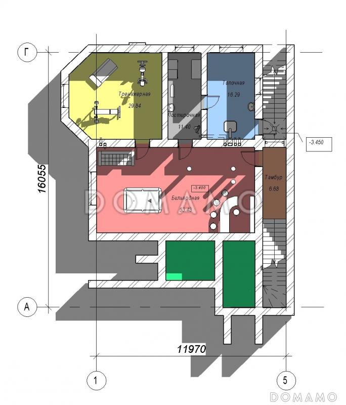 Проект двухэтажного дома с эркером и зимним садом, бильярдной и тренажерным залом на цокольном этаже / План цокольного этажа