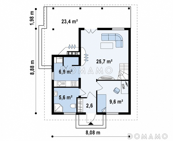 Проект компактного одноэтажного мансардного дома из кирпича с барбекю на крытой террасе / План 1 этажа