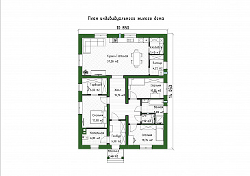 Проект компактного одноэтажного дома из газобетона с 3 спальнями, котельной и постирочной / План 1 этажа