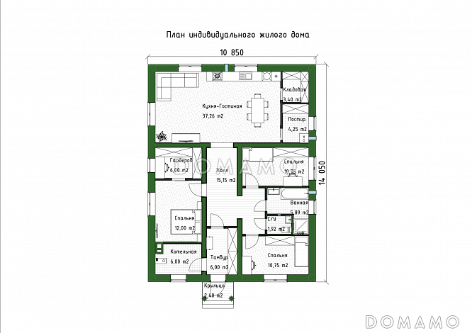 Проект компактного одноэтажного дома из газобетона с 3 спальнями, котельной и постирочной / План 1 этажа