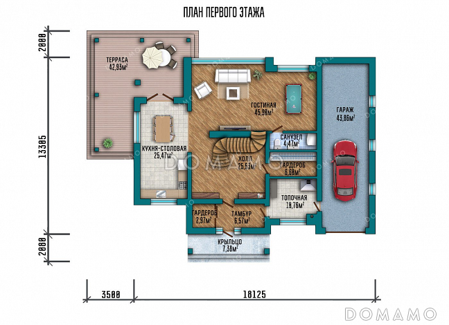 Проект двухэтажного дома с мансардой и гаражом / План 1 этажа