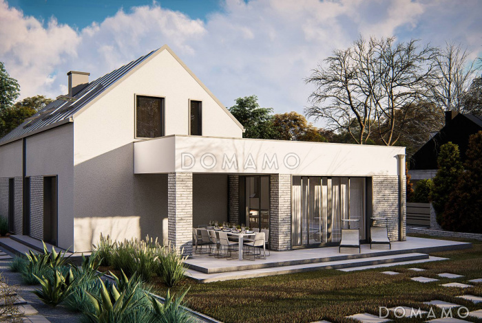 Проект компактного дома с двухскатной крышей, гаражом, просторной гостиной, кладовой в кухне