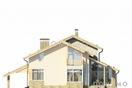 Проект дома с большой открытой террасой, зимним садом, гостиной с камином, кухней с эркером, спальней на первом этаже, вторым светом, балконом / Фасад 3