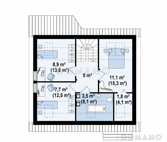 Проект уютного мансардного дома из кирпича с тремя спальнями и кабинетом / План мансардного этажа