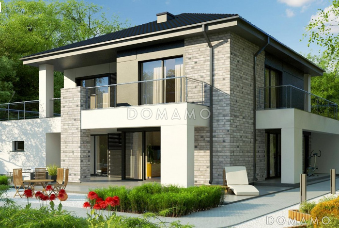 Проект двухэтажного дома из кирпича с гаражом и террасой на втором уровне по периметру дома