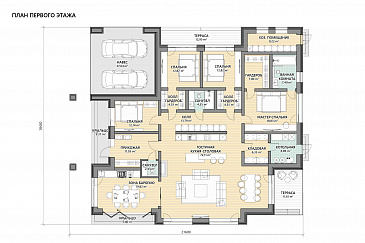 Проект дома из газобетона с навесом для автомобилей, мастер-спальней, совмещенной гостиной-столовой и кухней / План 1 этажа