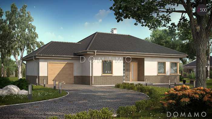 Проект одноэтажного дома из кирпича с тремя спальнями, угловым окном в кухне и гаражом